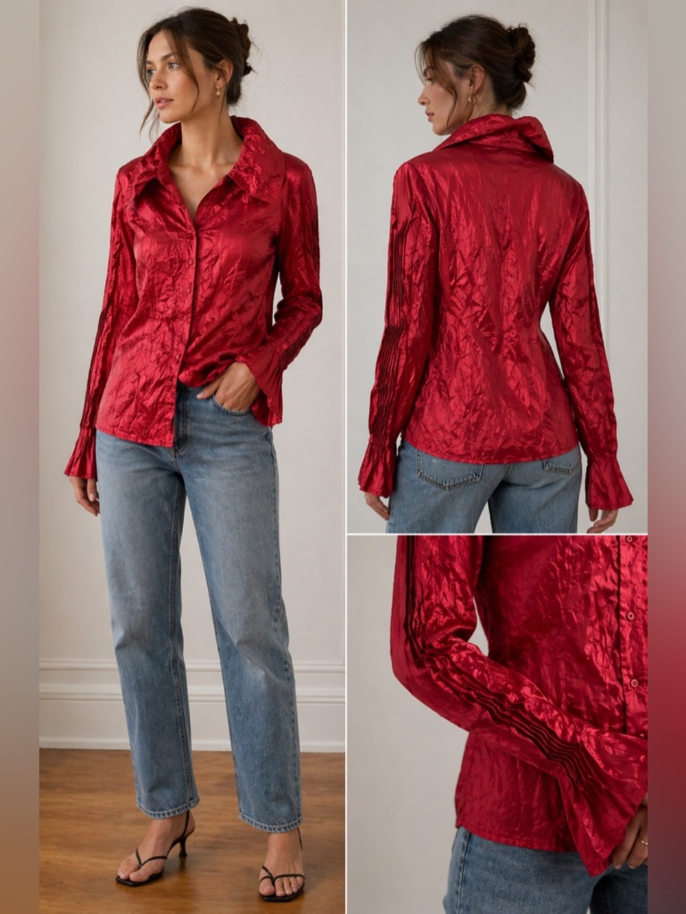VTG Masaki Matsuka Red Silk Blouse Crinkle Texture Button Front Pleated Sleeve L